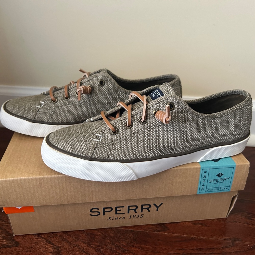 Sperry Gray and Tan Sneakers with Textured Fabric and White Rubber Sole